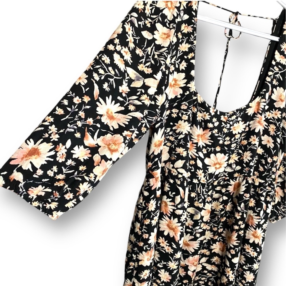 American Eagle Floral Dress U-Neck M Black Tassel Tie Lined